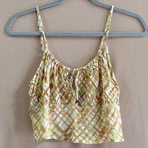 bp Plaid Crop Tank Top Green-Brown-White Women’s L Y2K-90s-Smocked-Keyhole-NEW